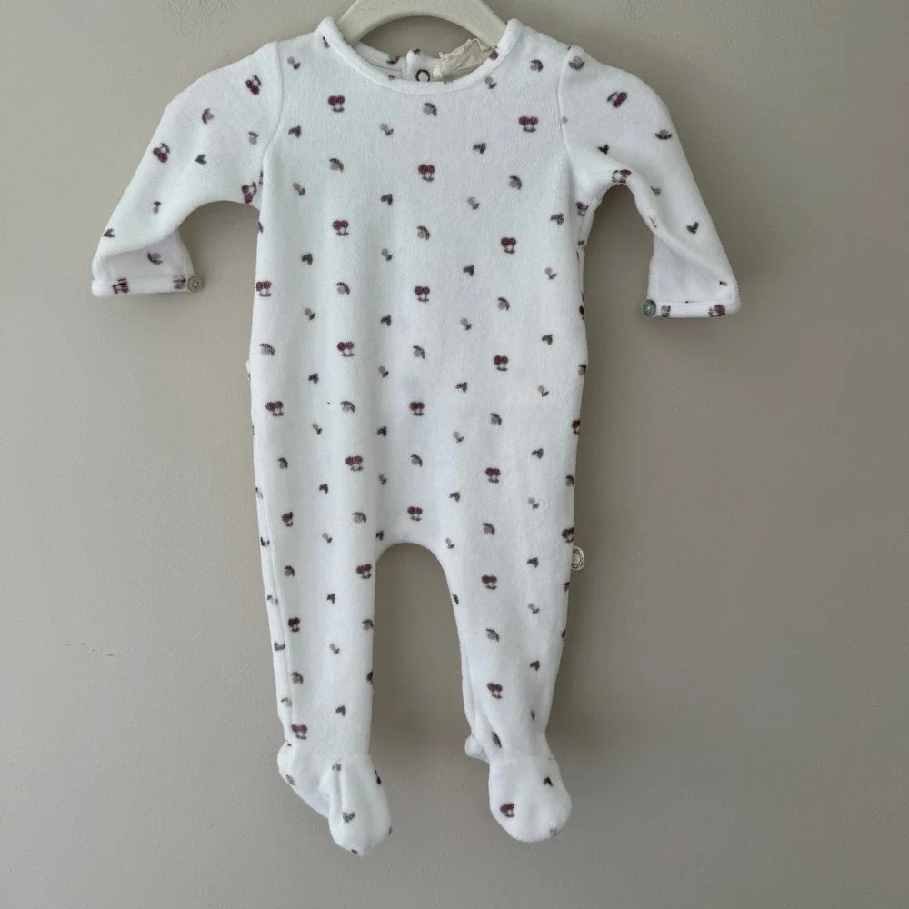 Citrine Baby White Velour‎ Cherry Heart Footed Sleeper & Bonnet Set 3M 62